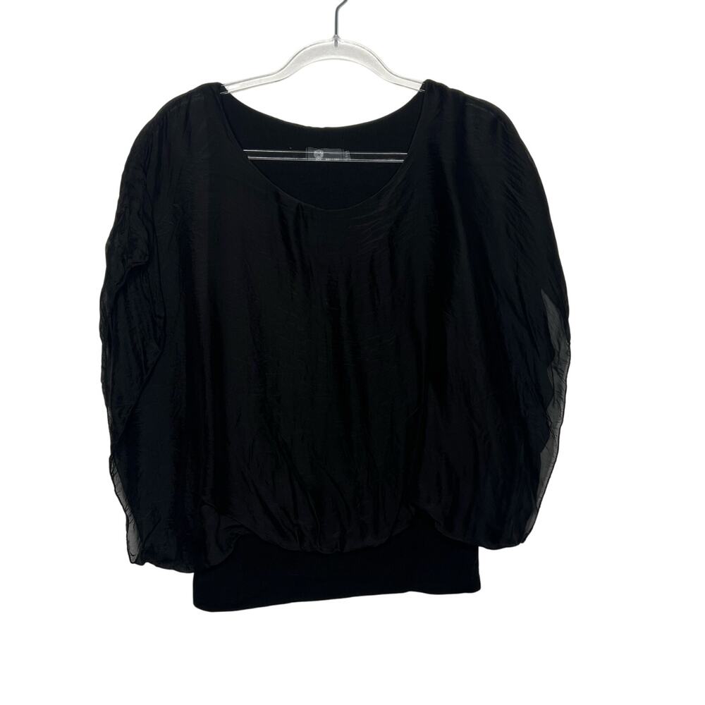 M Made in Italy Ruffle Sleeve Scoop Neckline Blouse Silk Blend Black Size Small - Picture 13 of 13